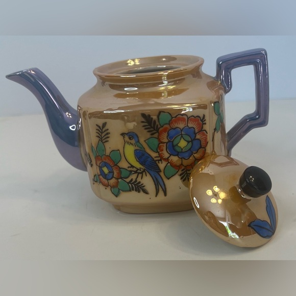 Vintage Lusterware tea pot Bird on Branch Floral Orange and Blue decor c. 1950s - Picture 2 of 11